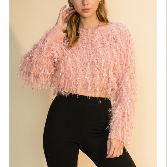 NWT Fuzzy Fringe Cropped Knit Sweater in Pink. Size S, M & L - Picture 1 of 10